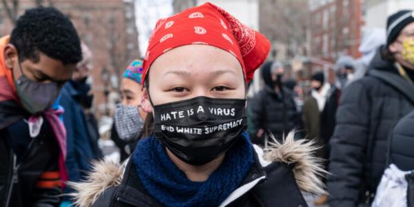 Woman with medical mask with words 