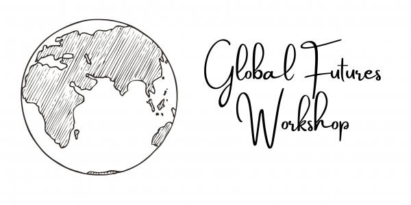 Black and white image of a globe. Global futures workshop title. 