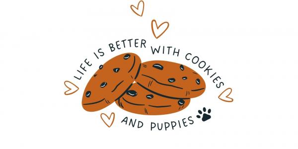 Graphic of two chocolate chip cookies with small hearts around and the text 